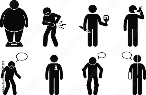 Various health issues and lifestyle choices depicted through simple icons