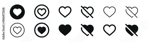 Heart icons set, Collection of heart and like icons buttons in outline and solid styles including like and unlike states. Minimal love and favorite symbols for social media apps icons