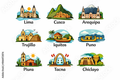 Vector icon set of Peruvian cities with stylized graphic style and clear readable typography