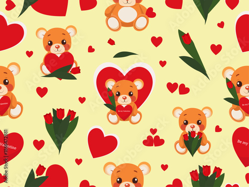 Cute teddy bear holding tulips and hearts for Valentine's Day. Seamless pattern. Sweet design in red, soft yellow tones, perfect for spreading love and warmth. Vector illustration