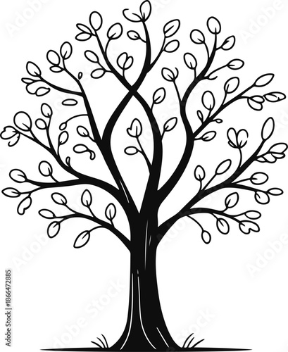 Decorative tree emblem designed in monochrome vector, rounded foliage mass, strong contrast, flat graphic style, Adobe Stock compliant 2