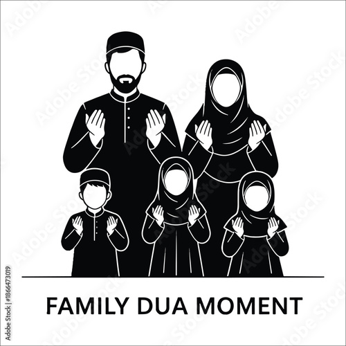 A family of five with their hands raised in prayer with the text Family Dua Moment