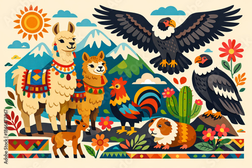 Vector illustration of Peruvian animals with vibrant decorative style