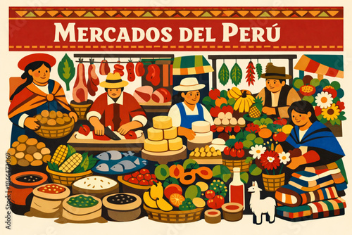 Vector illustration of Peruvian coast with beaches waves and graphic style including text Peru litoral