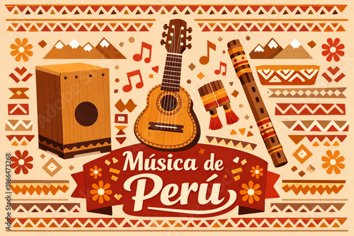 Vector graphic of Peruvian musical instruments cajon charango and quena with flat patterned style and text Music of Peru