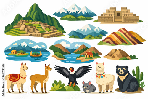 Tourist elements of Peru in flat style with mountains ruins lakes and Andean animals