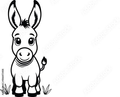 Cute farm animal donkey illustration in black and white, simple cartoon vector, thick stroke lines, clean geometry, child-friendly style, copyright-safe stock artwork 1
