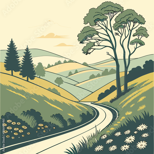 Winding road through rolling hills