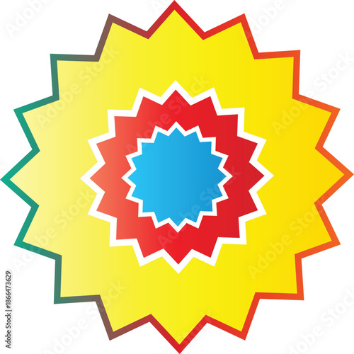 Illustration of bright starburst badge or seal with yellow, red, and blue layers