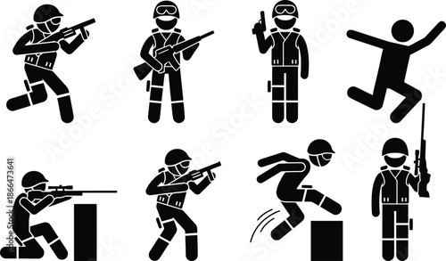 Soldiers in various combat positions with guns and masks