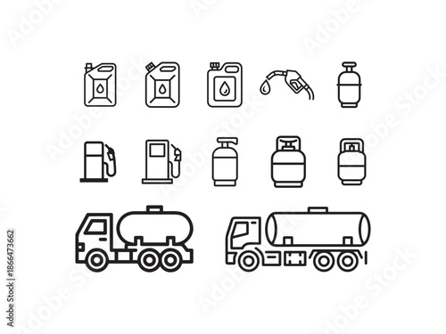 Oil and Gas Industry Icons Set – Fuel Pump, LPG Cylinder, Oil Can, Tanker Truck Line Vector Icons