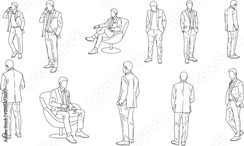 Set of professional business man line art for architectural rendering, scale figures of men in suits standing and sitting for office interior design.