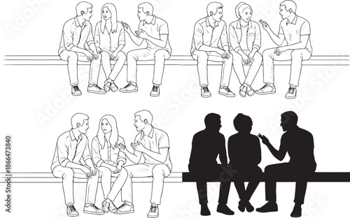 Set of sitting people silhouettes and line art for architectural sections, scale figures of people talking on bench for landscape and interior rendering.