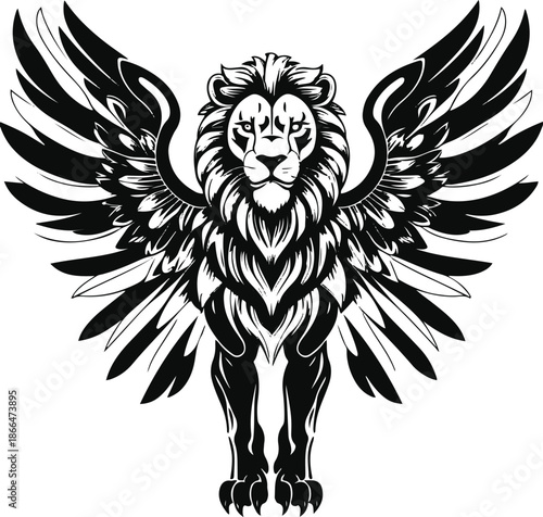 Classic mythological winged lion drawn in black and white vector, decorative line work, symmetrical wings, flat emblem style, isolated on white background 2