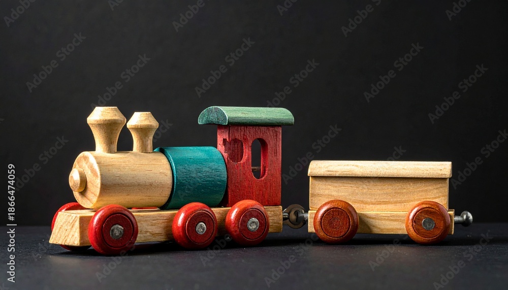 Fototapeta premium Colorful Wooden Toy Train Close Up on Dark Background Child's Play Childhood Memories and Imagination.