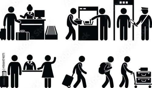 Airport check-in and security process with travelers and staff