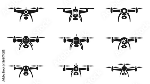 Drone Quadcopter with Camera set silhouette vector