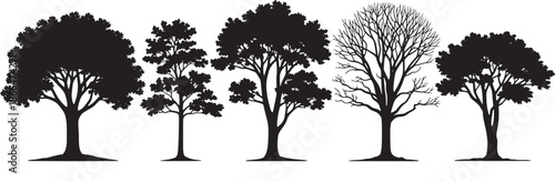 Set of black tree silhouettes for architectural elevation, minimalist forest and park vegetation icons for landscape design and site sections.