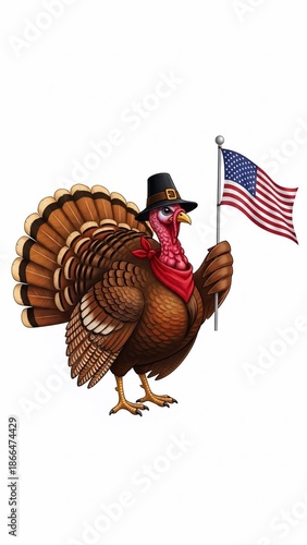 A cartoon turkey wearing a pilgrim hat holds an American flag on a white background