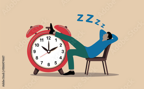Peaceful man sleeping soundly with his feet propped on a giant alarm clock