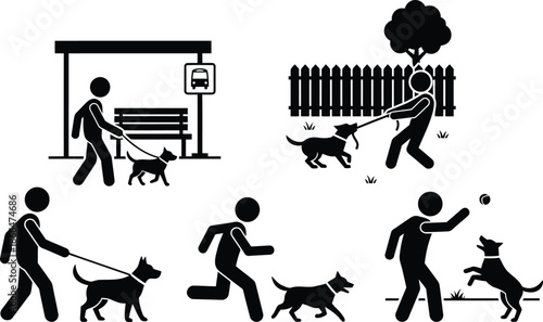 People engaging in various activities with dogs in different settings