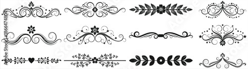 A collection of elegant black and white ornamental designs on a plain background