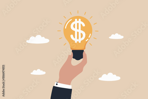 Hand holding a lightbulb with a dollar sign inside, symbolizing a profitable idea