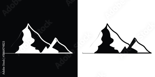 A collection of twelve minimalist black mountain silhouette peak icons varying in style and shape eps 10