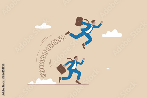 Businessman gains a competitive edge by using a spring to leap ahead in career race