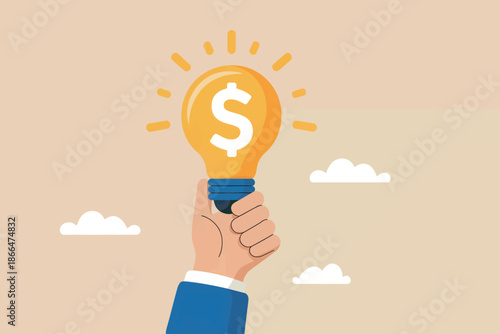 Brilliant financial idea illustration: a hand holding a glowing light bulb with a dollar sign for business success