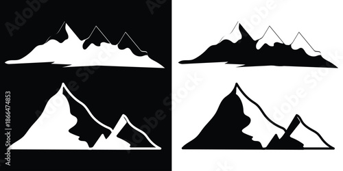 A collection of twelve minimalist black mountain silhouette peak icons varying in style and shape eps 10