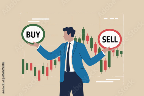 Businessman facing the critical buy or sell decision in the financial market