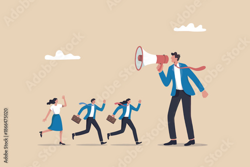 Business leader with megaphone announcing direction for employees to follow