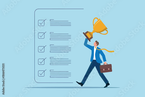 A businessman victoriously celebrates achieving all his goals from a comprehensive checklist with a golden trophy