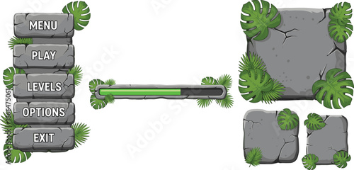 Jungle stone game user interface elements with menu buttons progress bar and rocky panels vector illustration