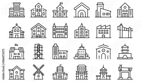 Houses, offices, and landmarks linear icons for city planning concepts