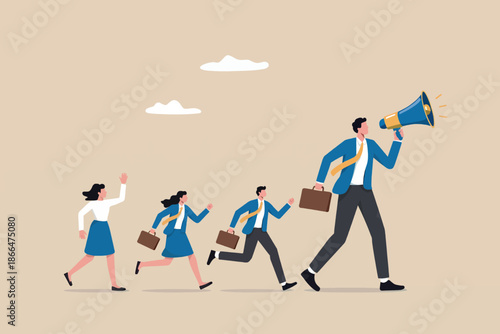 A business leader with a megaphone guiding his diverse team forward towards shared goals