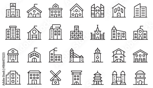 City buildings and architecture outline icons for urban and real estate design