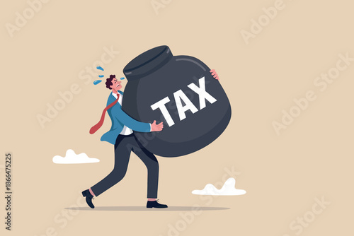 Businessman struggling under the heavy burden of taxes, facing financial stress and obligation