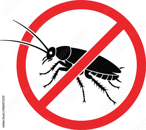 No cockroach warning sign icon with red prohibition symbol, pest control concept, flat vector illustration for hygiene, sanitation, safety, and extermination design use