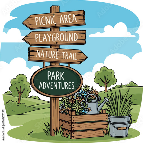 Cartoon wooden signboard and container set, rustic direction arrows, chalkboard signage, crate, bucket, outdoor park vector illustration