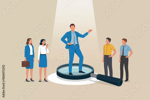Spotlighting exceptional talent: a businessman highlighted on a magnifying glass by a beam of light