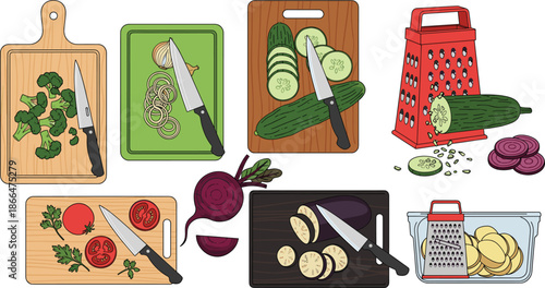 Vegetable preparation process with cutting boards knives graters and sliced vegetables isolated on white background vector illustration