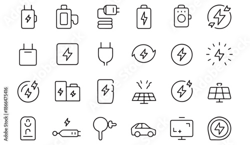 Electric charging and energy management linear icons in minimal style