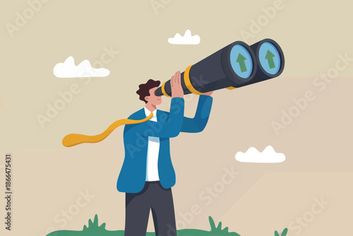 Businessman looking through binoculars with upward arrows