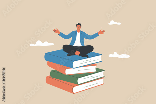 Man meditating on a stack of books with open arms