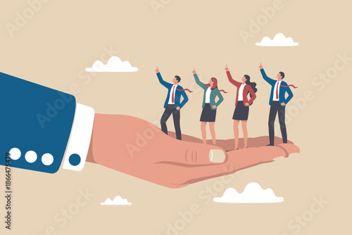 A giant hand providing unwavering support to a diverse business team pointing towards a shared vision of success and growth