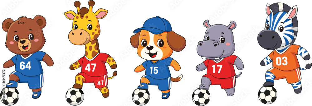 Obraz premium Cute Cartoon Animal Soccer Team Playing Football Illustration with Bear Giraffe Dog Hippo Zebra Characters