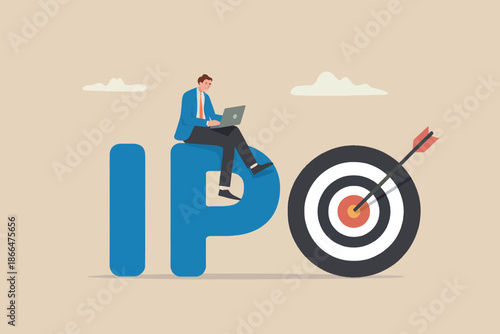 Man on ipo letters with laptop, aiming for target with arrow