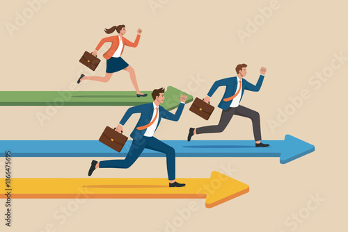 Business people running on different colored arrows representing success and competition